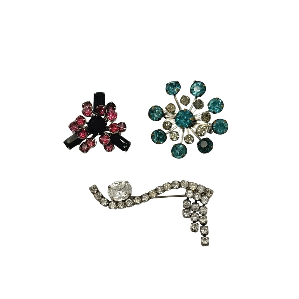 Vintage Rhinestone Brooch Lot of 3 Starburst 50s MCM Costume Estate Jewelry